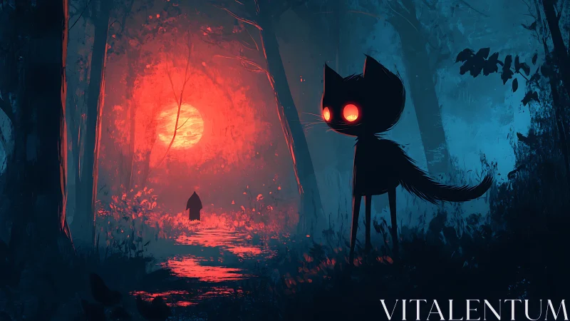 Backlit red moon silhouettes neon-eyed cat and cloaked wanderer