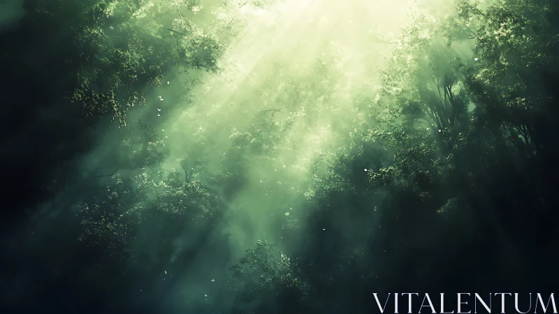 Digital forest canopy with volumetric light and misted depth.