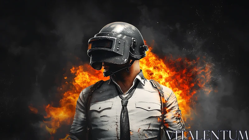 Flame-lit battle hero in helmeted armor strides forward.