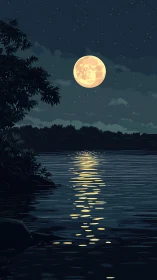 Full moon reflects across calm lake under clear night sky
