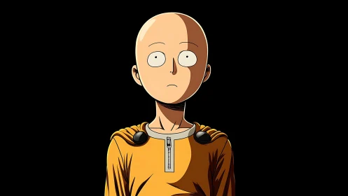 Bald anime character in yellow suit under split lighting