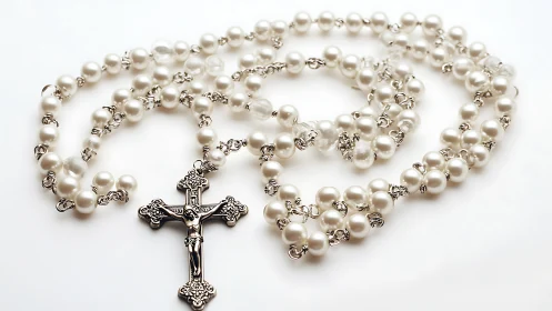 White pearl rosary with silver crucifix on white background.
