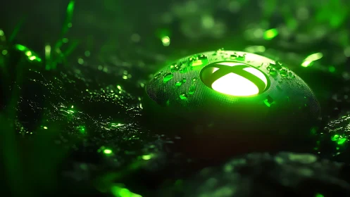 3D macro render of illuminated gaming button in wet foliage.