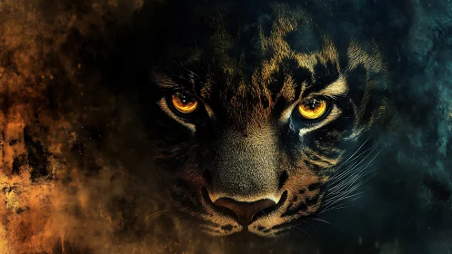 Predatory gaze in molten shadow, embers and teal smoke converge.