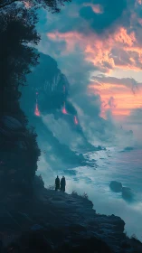 Two travelers watching lava falls beneath a dreamlike sky.