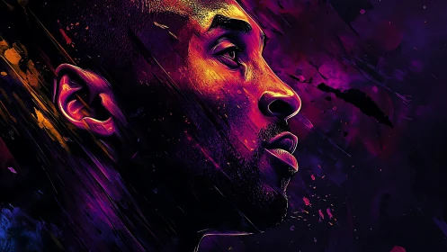 Bold side profile glows in vivid purple and orange light