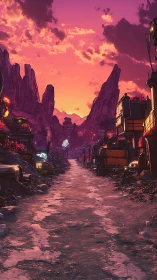 Sci-fi canyon outpost glows under vivid sunset sky