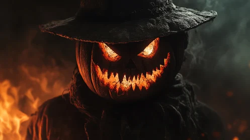 Incandescent jack o lantern scarecrow amid fire and smoke.