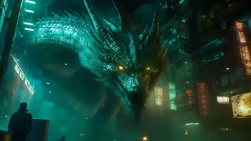 Neon dragon glides through misty city streets at night