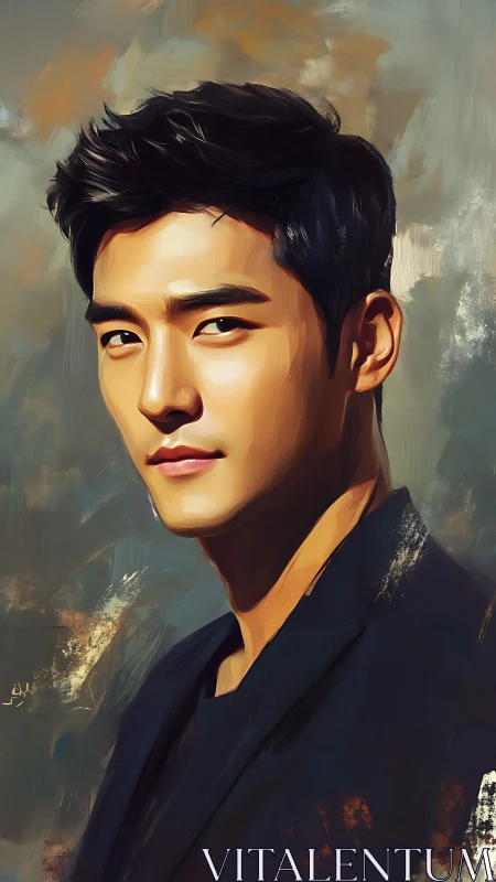 Confident man in painterly portrait against abstract backdrop.