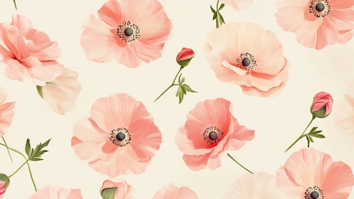 Botanical Illustration of Anemone Flowers with Graduated Chromatic Variation and Radial Symmetry