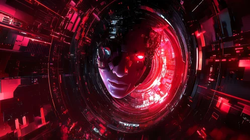 Neon vortex mind: a calm face inside restless circuits.