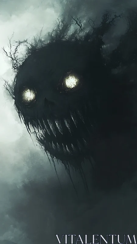 Volumetric fog entity with luminescent ocular voids emergent.