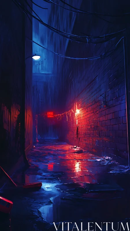 Moody neon alley glowing with rainlit blue and red light.