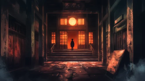 Quiet temple doorway glowing under a watchful red moon.