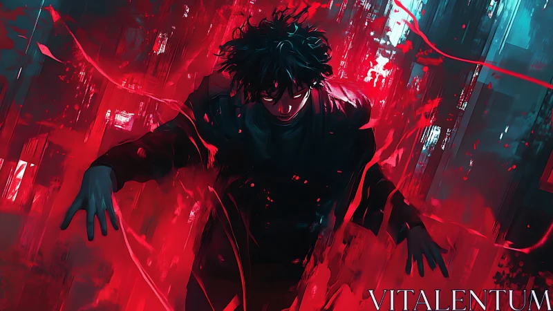 Stormlit antihero wrapped in electric crimson chaos.