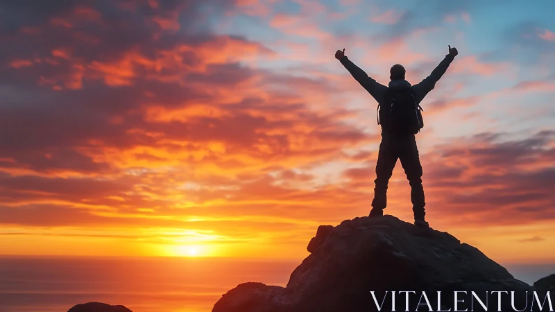 Hiker stands on rocky peak silhouetted against vivid sunset sky