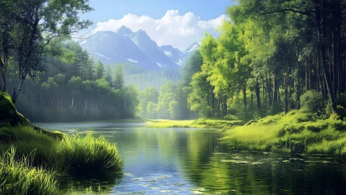 Luminous alpine river valley with misty forests and peaks.