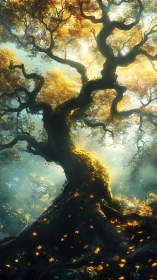 Ancient twisted tree rises through glowing autumn forest light