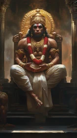 Monumental simian deity seated in ornate throne under rim light
