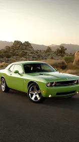 Lime green muscle car glows on a desert highway at dusk.