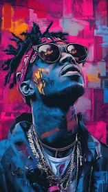 Neon street portrait of cool rapper in reflective shades.
