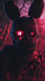 Decayed rabbit animatronic in red backlit forest environment.