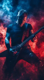 Heavy metal guitarist performs amid red and blue smoke.