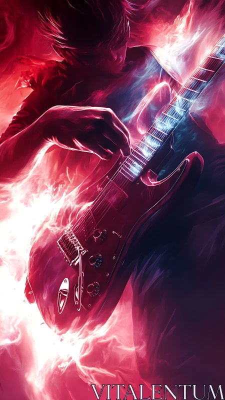 Neon-lit guitarist surrounded by incandescent energy surges.