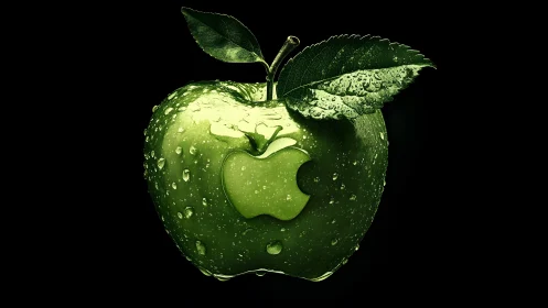 Vivid Green Apple with Water Droplets and Modern Logo Design.