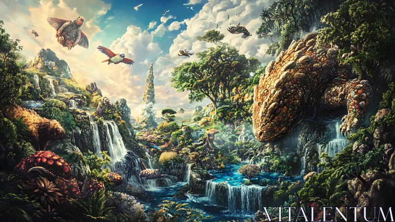 Gentle stone creature watches over a lush fantasy valley