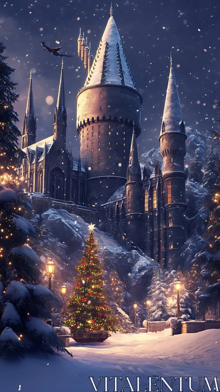 Nocturnal winter citadel with illuminated festive conifer.