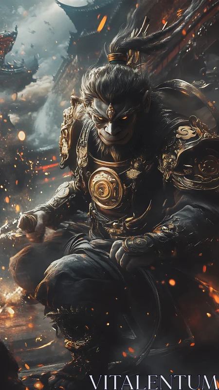 Armored monkey king warrior amid burning temple ruins.