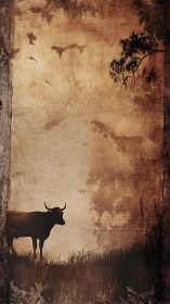Quiet dusk with a lone horned cow in rustic silhouette.