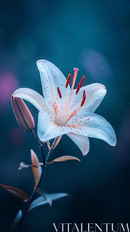 White Lily with Red Stamens Against Deep Blue Background.