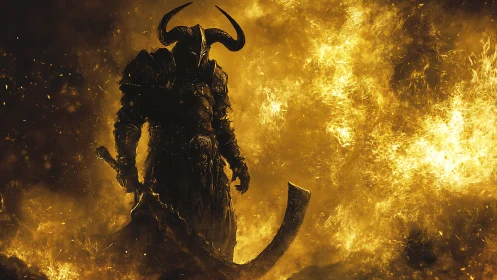 Infernal horned warlord emerging through molten flames.