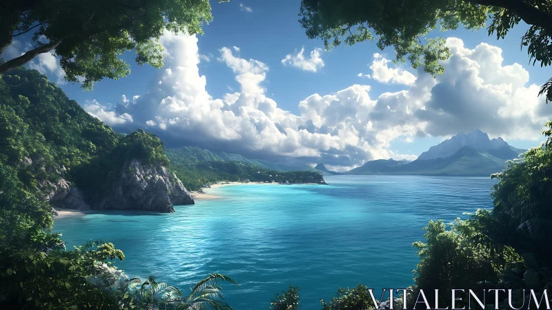Tropical Island Paradise Framed by Lush Vegetation.