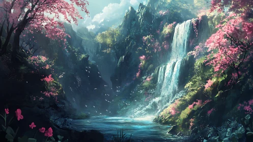 Enchanted waterfall valley glows beneath blooming cherry trees.