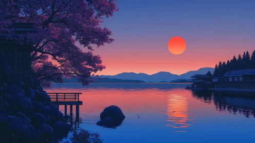 Crimson moonrise over sakura pier and glassy twilight lake.