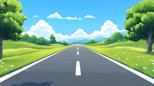 Two-lane rural road extends toward distant blue mountains under sunlit sky