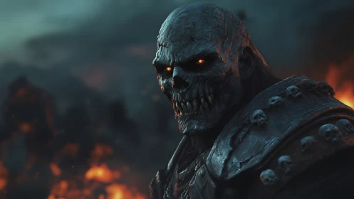 Grim fire-eyed warlord watching a burning battlefield.