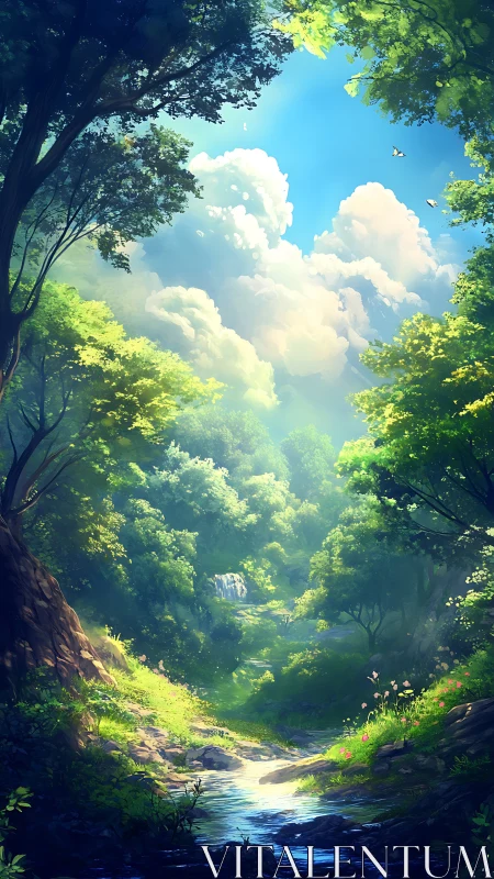 Dense forest valley with stream and cumulus clouds overhead