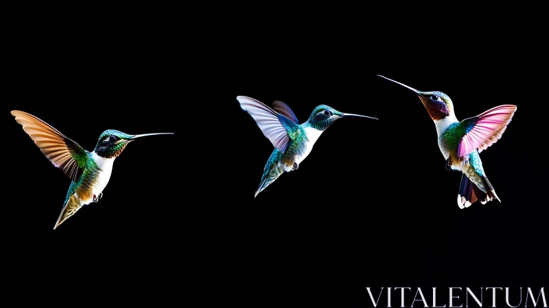 Trio of Vibrant Hummingbirds in Mid-Flight on Black Background.