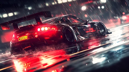Widebody race car drifting on wet neon city street.