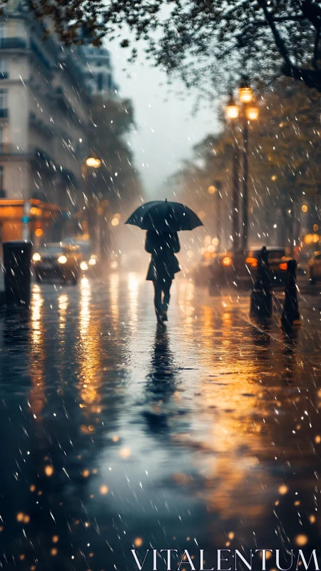 Umbrella wanderer crossing a rainlit boulevard of echoes.