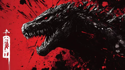 Monochrome kaiju head profile on red splattered field.