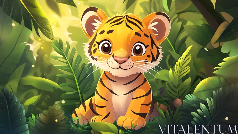 Bright-eyed tiger cub nestled in lush jungle foliage.