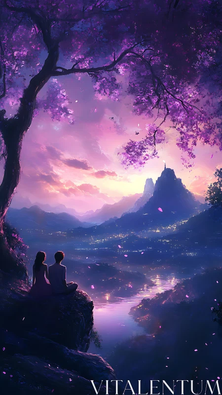 Dreamy purple sunset welcomes two friends above glowing valley