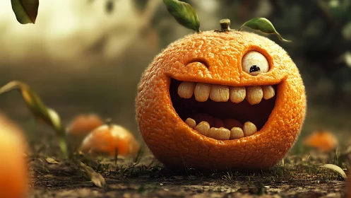 Smiling cartoon orange with big teeth on forest floor.