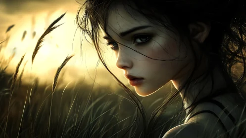 Pensive woman in dusk meadow with cinematic rim lighting.